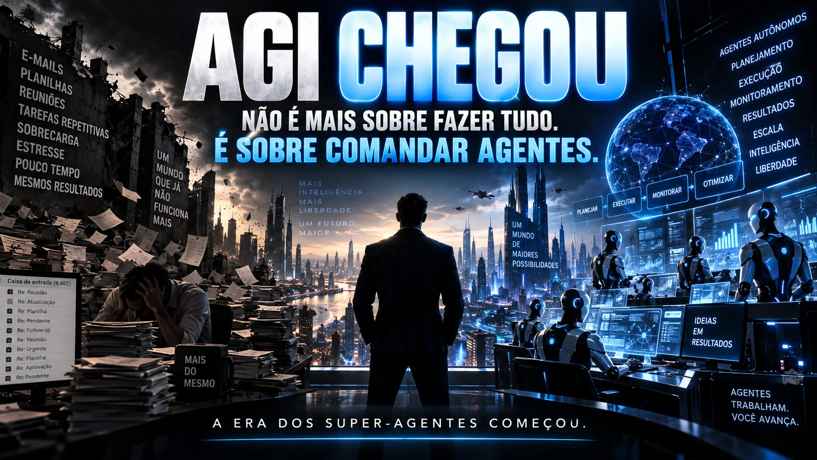 AGI chegou. Não é mais sobre fazer tudo, é sobre comandar agentes. À esquerda, um escritório afundado em e-mails, planilhas e reuniões; à direita, uma sala de comando onde agentes planejam, executam, monitoram e otimizam. A era dos super-agentes começou.