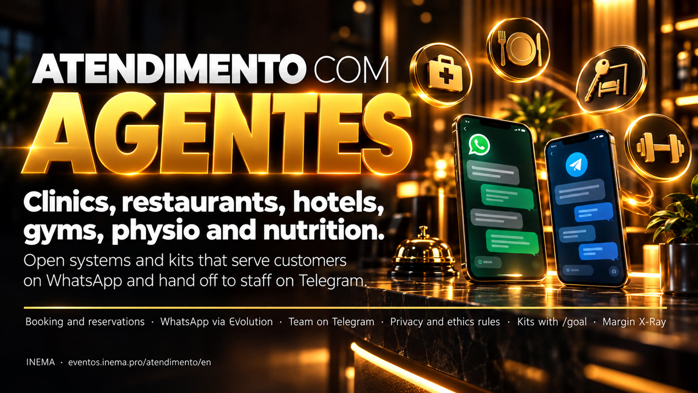 AI Customer Service — clinic, restaurant, hotel, gym, physiotherapy and nutrition: open systems and kits that answer on WhatsApp and hand over to the team on Telegram.