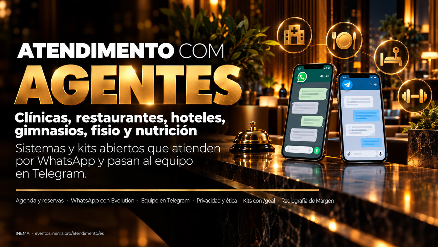Atención con Agentes — clínica, restaurante, hotel, gimnasio, fisioterapia y nutrición: sistemas y kits abiertos que atienden por WhatsApp y pasan al equipo en Telegram.