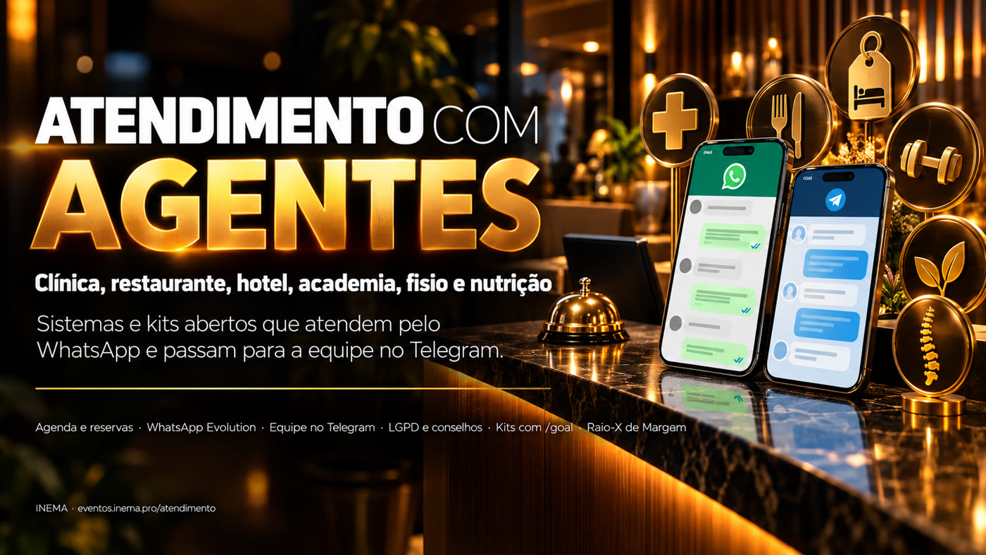 Atendimento com Agentes — clínica, restaurante, hotel, academia, fisioterapia e nutrição: sistemas e kits abertos que atendem pelo WhatsApp e passam para a equipe no Telegram.