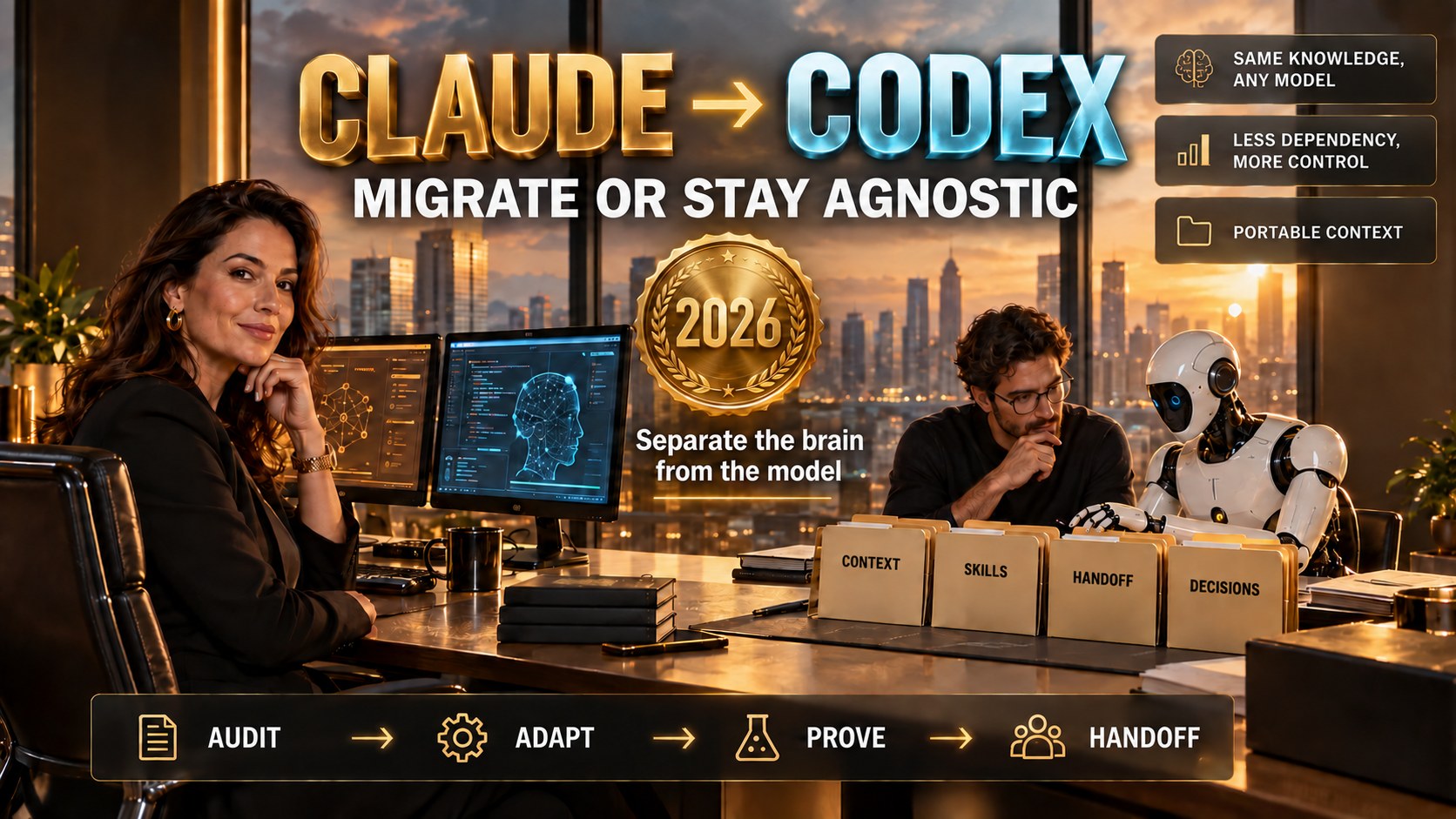 Claude → Codex: migrate or stay agnostic. The brain of the work — context, decisions, tasks, skills and handoffs in Markdown — separated from the executors Claude Code, Codex CLI and a local model.