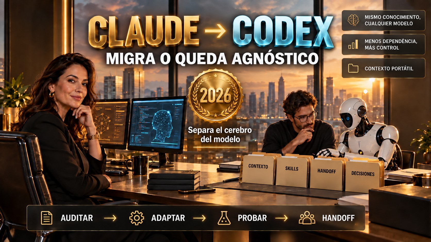 Claude → Codex: migra o mantente agnóstico. El cerebro del trabajo — contexto, decisiones, tareas, skills y handoffs en Markdown — separado de los ejecutores Claude Code, Codex CLI y un modelo local.