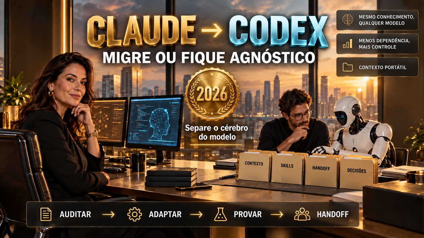 Claude → Codex: migre ou fique agnóstico. O cérebro do trabalho — contexto, decisões, tarefas, skills e handoffs em Markdown — separado dos executores Claude Code, Codex CLI e modelo local.