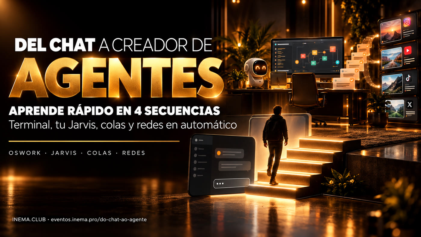 Del chat al creador de agentes: aprende rápido en 4 secuencias. Terminal, tu Jarvis, colas y redes en automático.