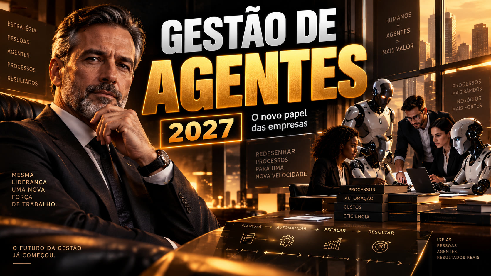 Gestão de IA e Agentes nas empresas — visão INEMA para 2027: gestão de pessoas, gestão de processos e gestão de agentes numa mesma empresa, composta por humanos, agentes e automações.