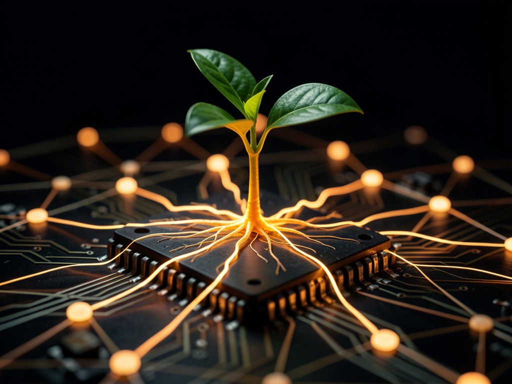 A seedling sprouting from a chip on a circuit board, with glowing roots spreading along the traces — the image of cultivation applied to AI.