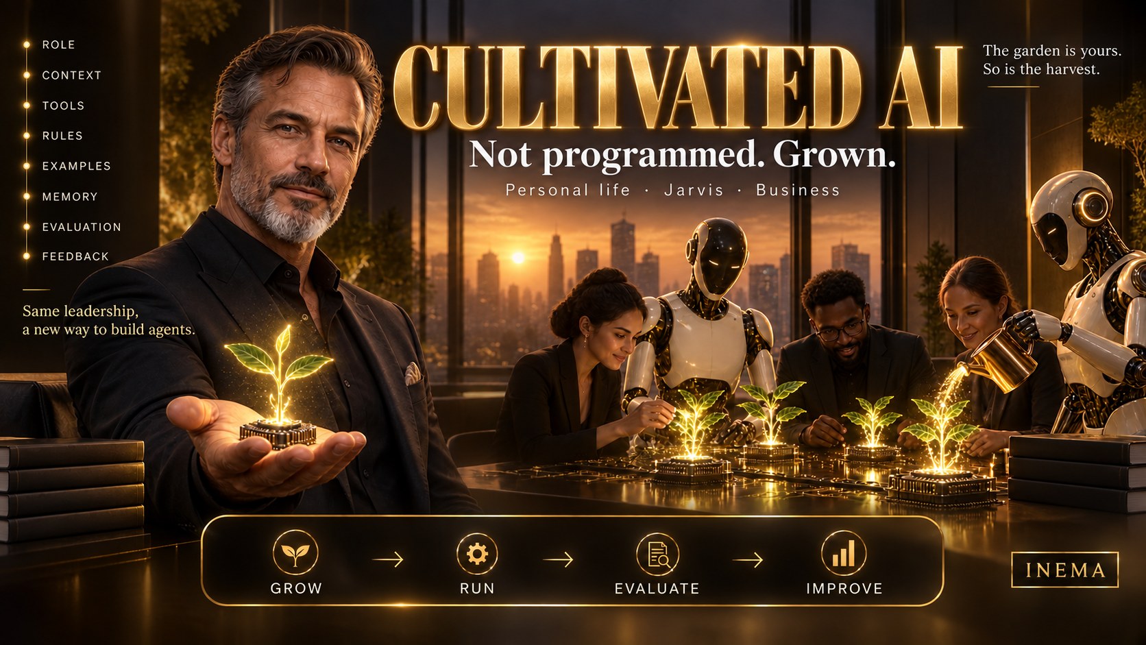 Cultivated AI — it isn't programmed, it's cultivated: the cultivation metaphor applied to AI agents, with the eight elements of cultivation and the feedback cycle.