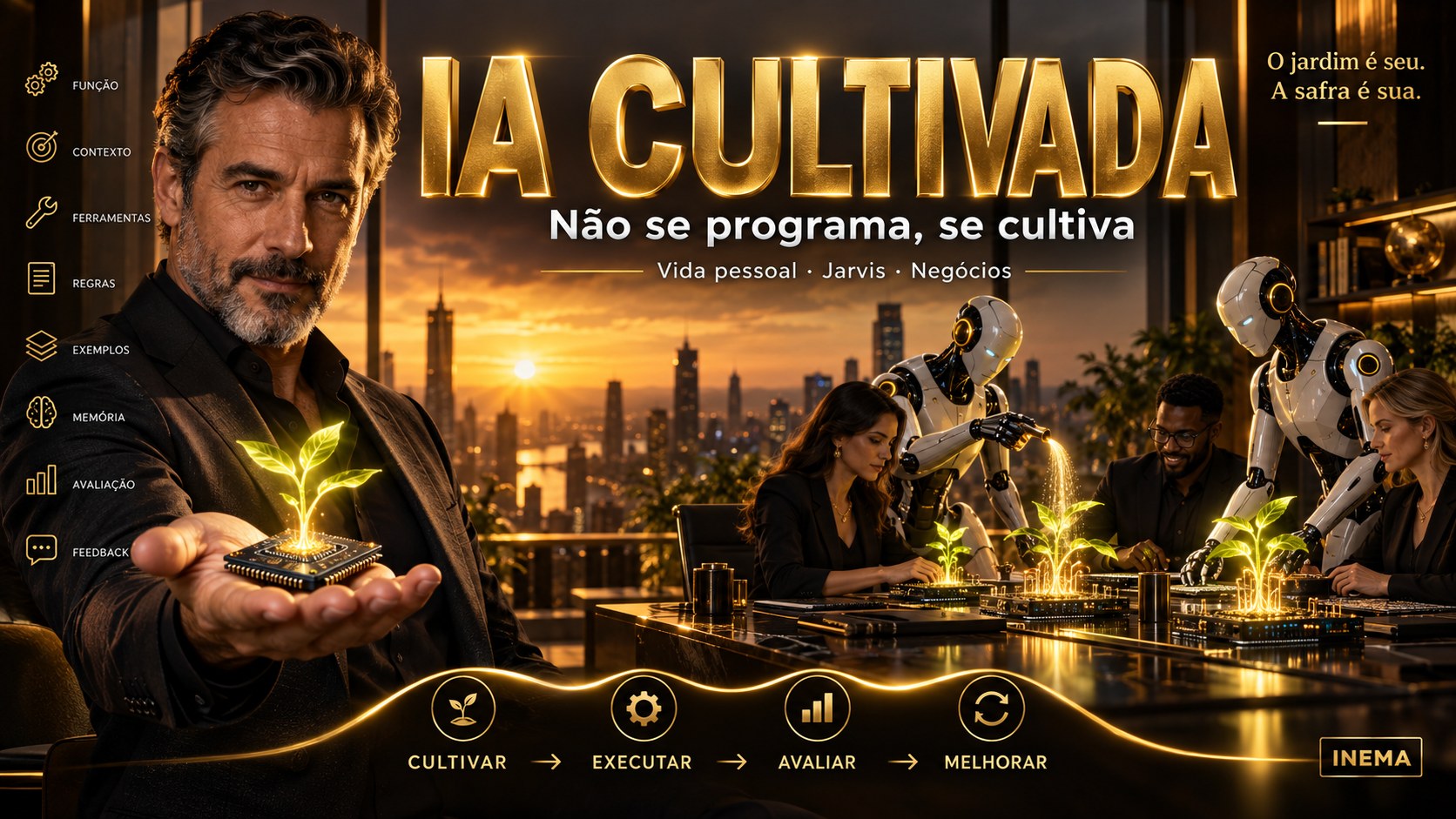 IA Cultivada — não se programa, se cultiva: a metáfora do cultivo aplicada a agentes de IA, com os oito elementos do cultivo e o ciclo de feedback.