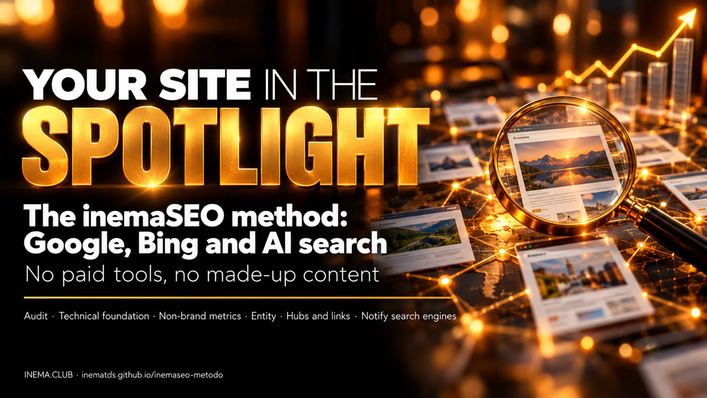 Your site in the spotlight — the inemaSEO method: Google, Bing and AI search. No paid tools, no invented content. Audit, technical foundation, non-brand measurement, entity, hubs and links, notifying search engines.