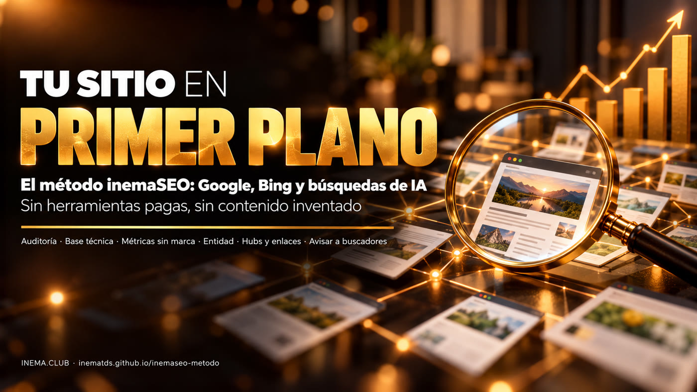 Tu sitio en primer plano — el método inemaSEO: Google, Bing y búsquedas de IA. Sin herramientas de pago, sin contenido inventado. Auditoría, base técnica, medición sin marca, entidad, hubs y enlaces, avisar a los buscadores.