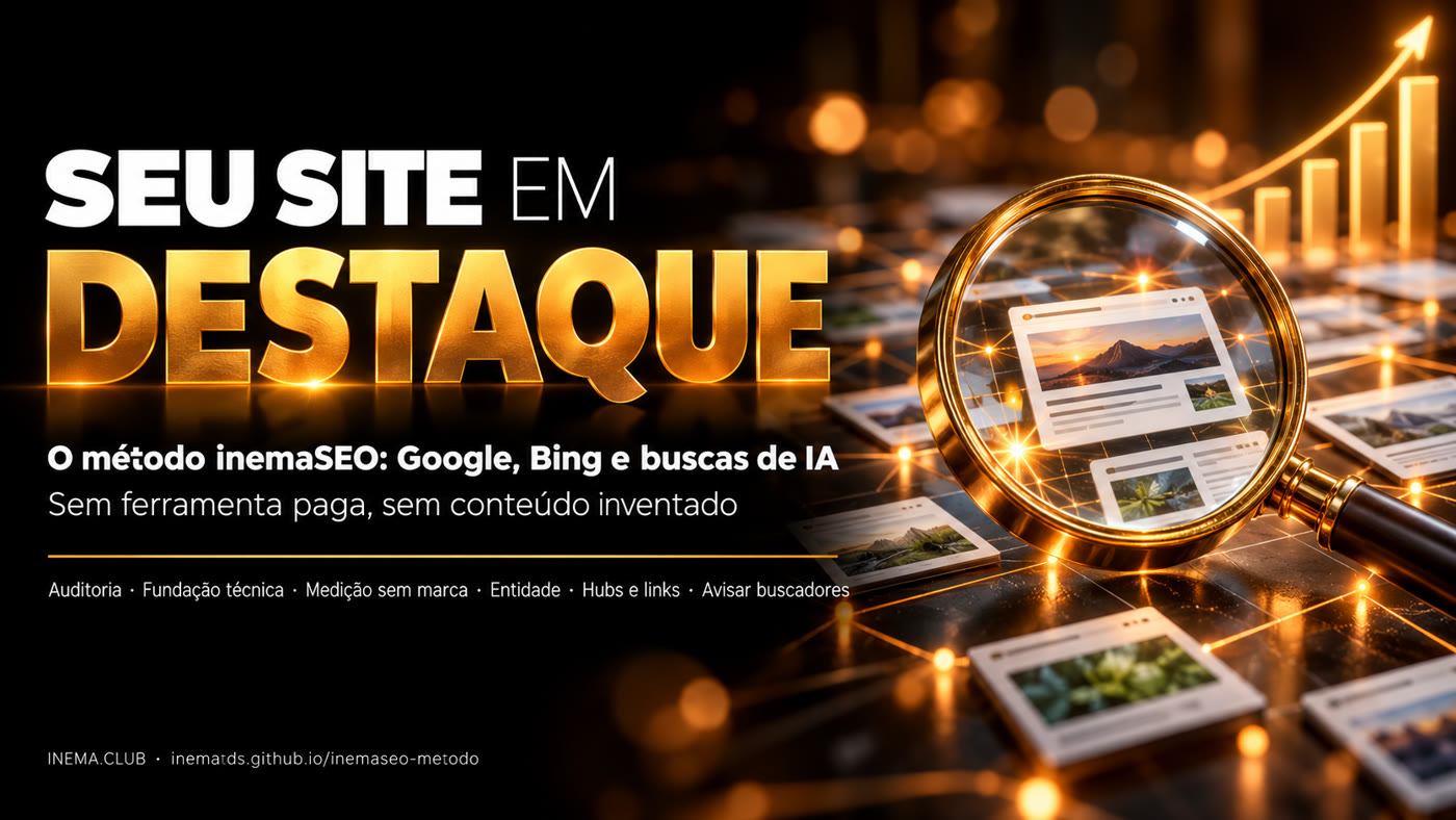 Seu site em destaque — o método inemaSEO: Google, Bing e buscas de IA. Sem ferramenta paga, sem conteúdo inventado. Auditoria, fundação técnica, medição sem marca, entidade, hubs e links, avisar buscadores.