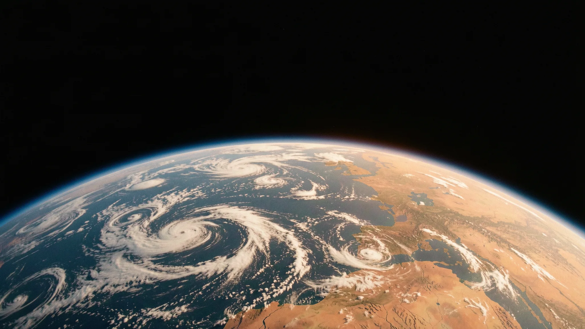 A borda da Terra vista da órbita, com a camada azul da atmosfera contra o preto do espaço.