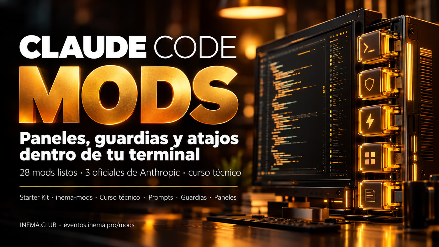 CLAUDE CODE MODS — Paneles, guardias y atajos dentro de tu terminal — 28 mods listos · 3 oficiales de Anthropic · curso técnico — Starter Kit · inema-mods · Curso técnico · Prompts · Guardias · Paneles