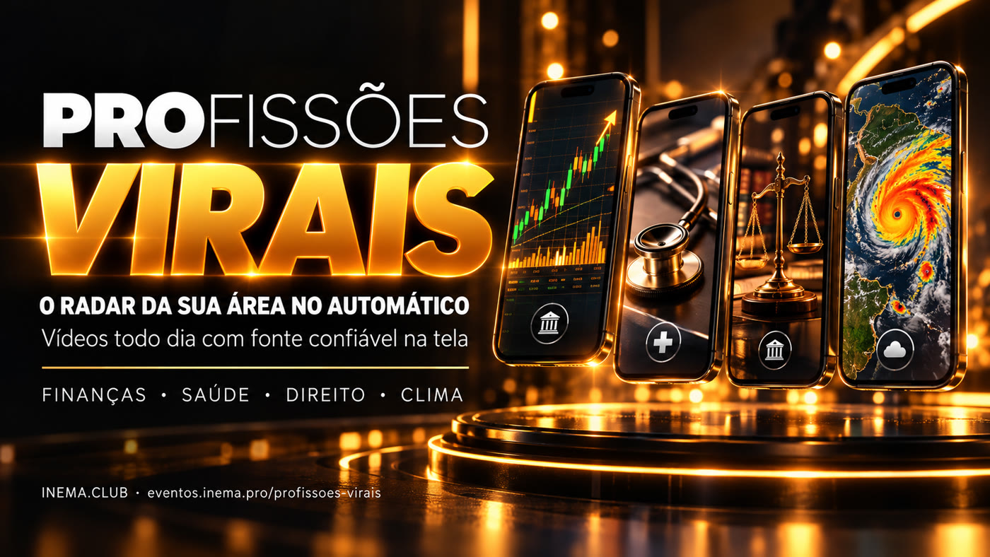 Profissões virais — vídeos automáticos da sua área, com fonte na tela: finanças, saúde, direito e clima.