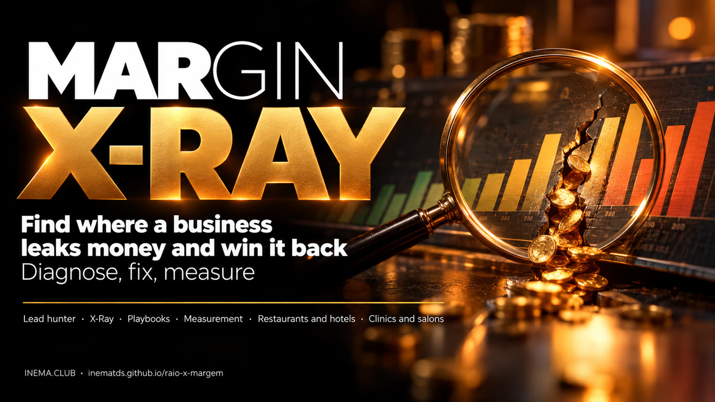 Margin X-Ray — find where the business loses money and recover it. Diagnosis, fix and measurement: an open kit for consultants. Lead hunter, X-Ray, playbooks, measurement; restaurant, hotel, clinic and salon.