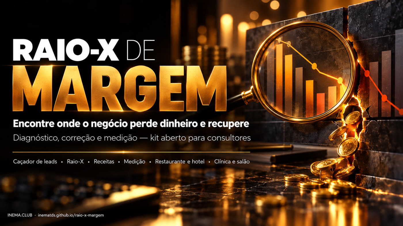 Raio-X de Margem — encontre onde o negócio perde dinheiro e recupere. Diagnóstico, correção e medição: kit aberto para consultores. Caçador de leads, Raio-X, receitas, medição; restaurante, hotel, clínica e salão.