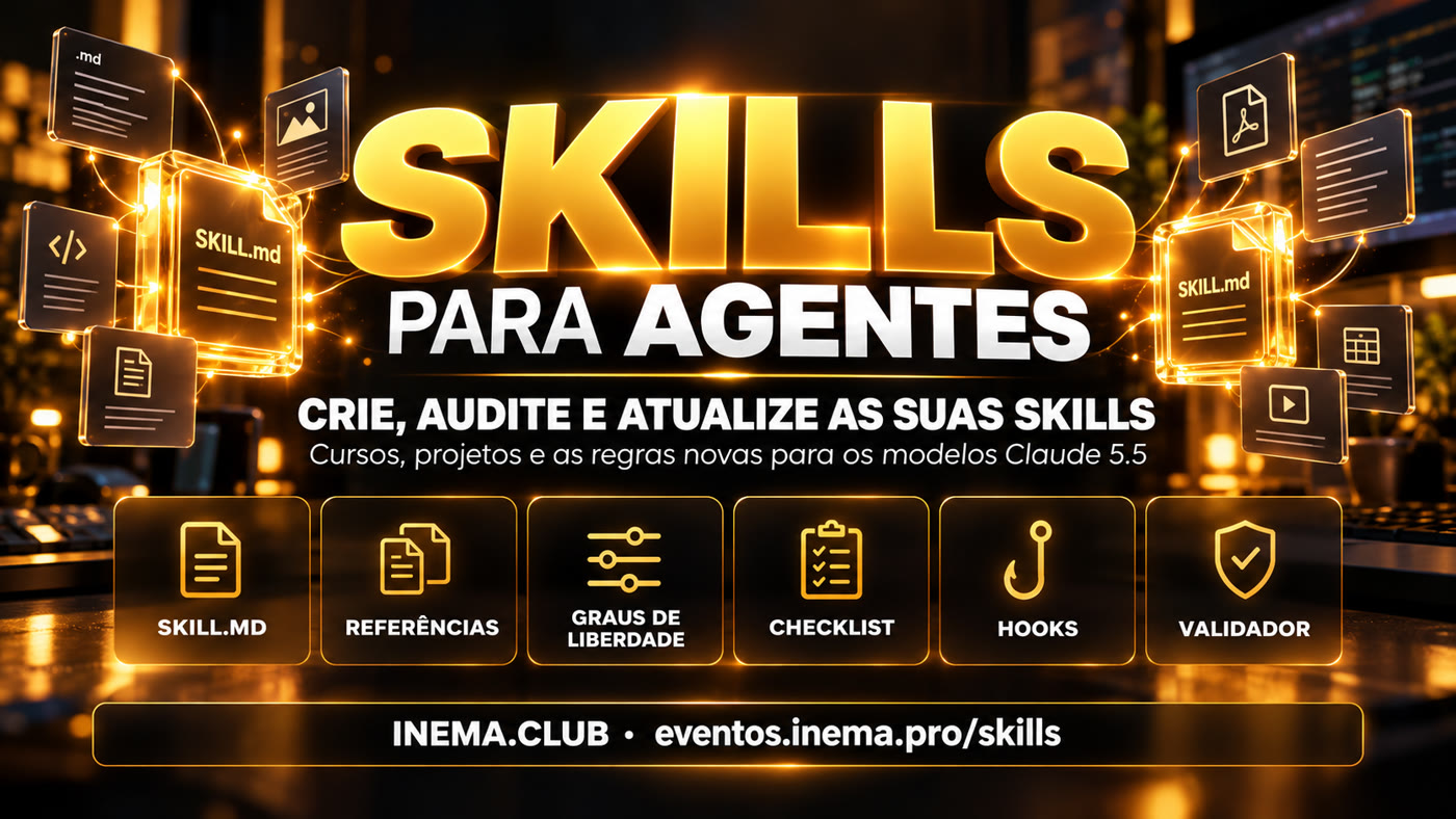 Skills para agentes — crie, audite e atualize as suas skills: SKILL.md, referências, graus de liberdade, checklist, hooks e validador.