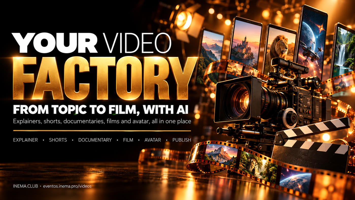 Your video factory: from topic to film with AI—explainer, shorts, documentary, film, avatar, and publishing.