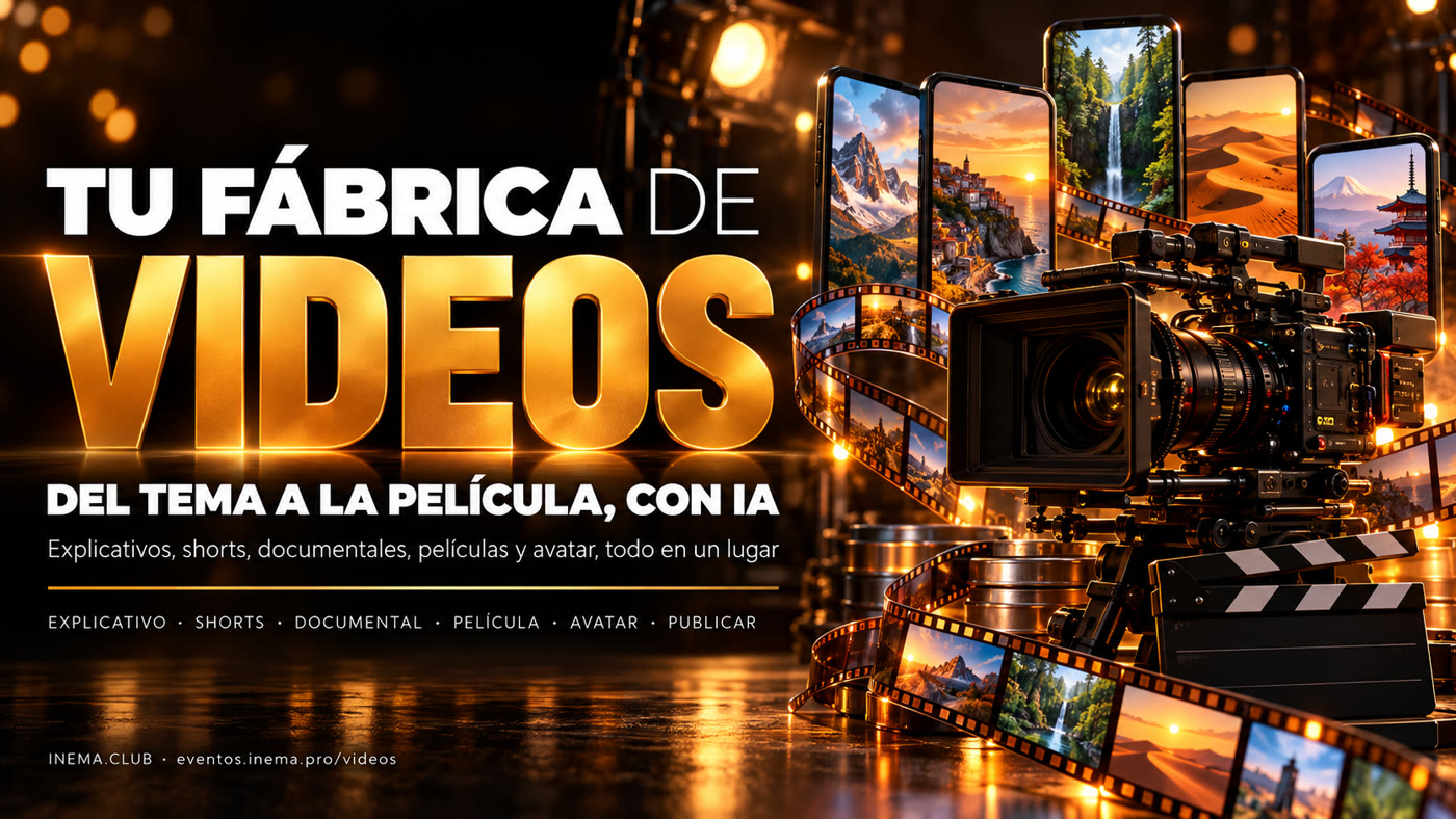 Tu fábrica de videos: del tema a la película con IA — explicativos, shorts, documentales, películas, avatar y publicación.