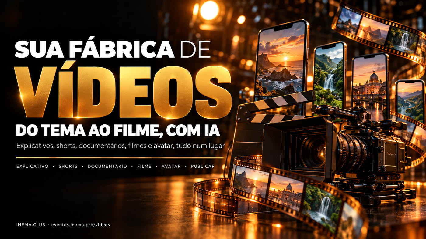 Sua fábrica de vídeos: do tema ao filme, com IA — explicativo, shorts, documentário, filme, avatar e publicar.